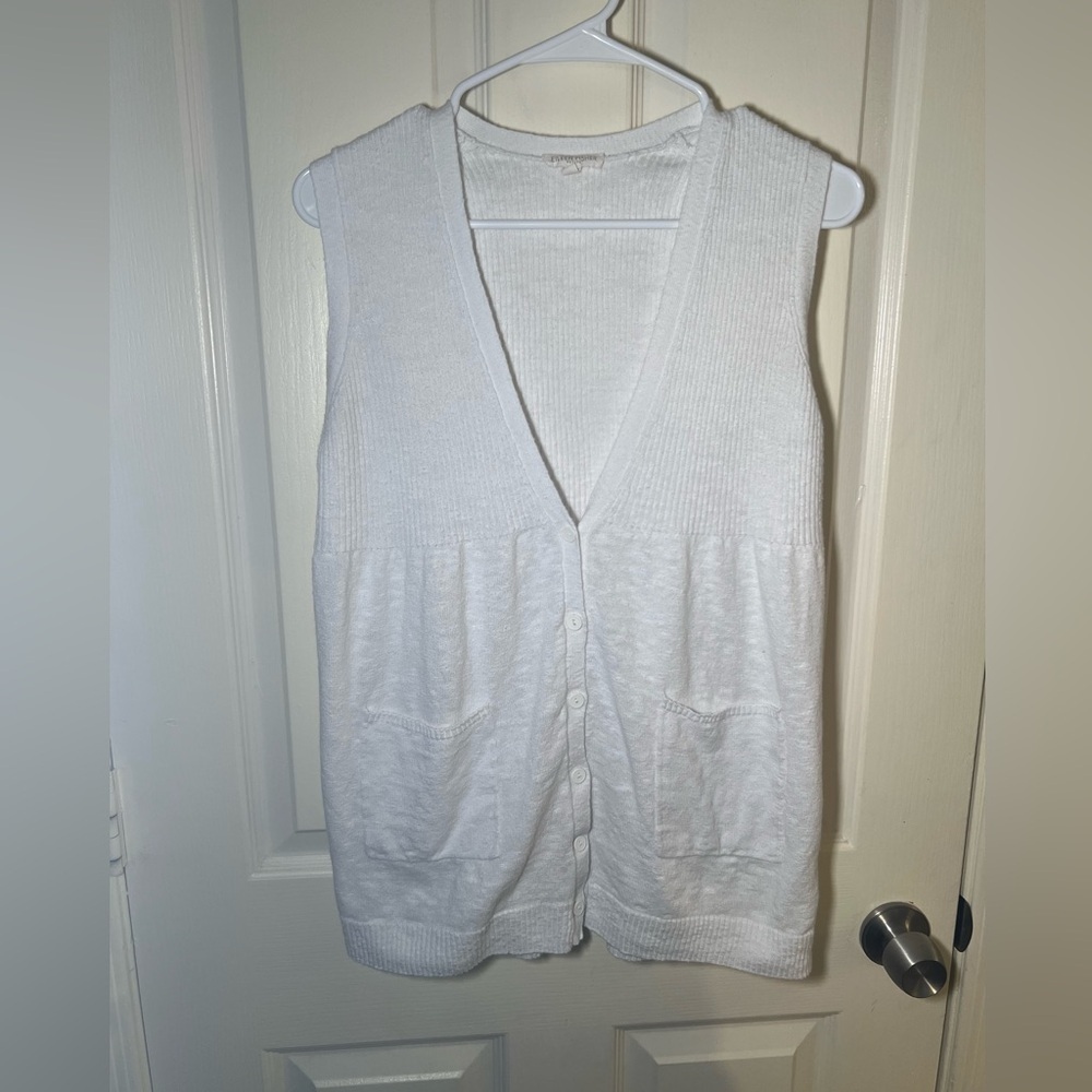 Eileen Fisher Linen Cotton Sweater Vest White Button Front Pockets PL